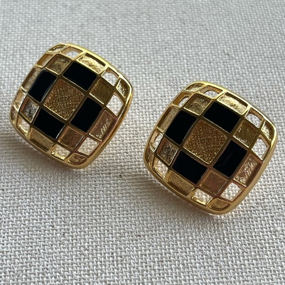 Vintage Black & Gold Geometric Statement Earrings - Picture 1 of 3